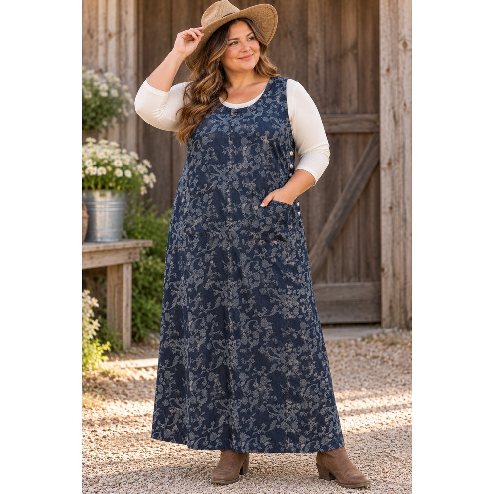 Main St Blues Vtg Floral Denim Jumper Dress Cotton Button Sides 28W NWT Prairie